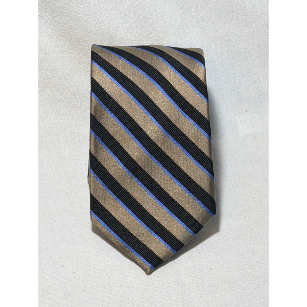 Chaps Mens Silk Necktie Tan Black Blue Diagonal Striped Hand Made Tie RN43170